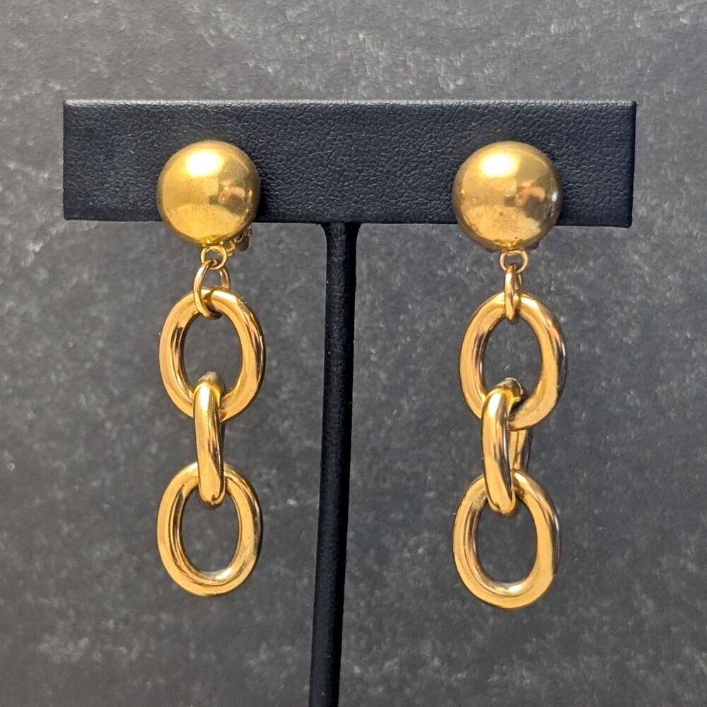 Vintage Clip On Earrings Rich Gold Tone Chain Dangle Drop Stylish Statement Glam